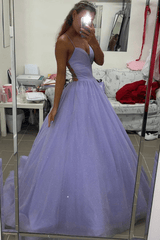 A-Line Purple Tulle Long Prom Dresses 2025 Spaghetti Straps Backless Evening Dress MyChicDress