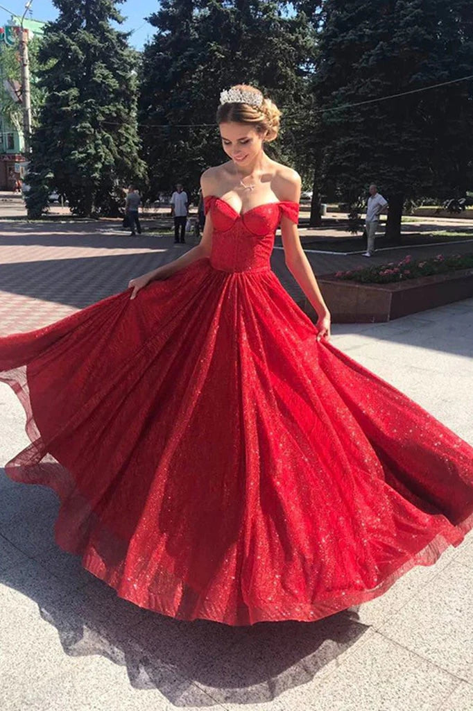 A Line Red 2025 Prom Dresses Off the Shoulder Shiny Sequin Evening Dress Long MyChicDress