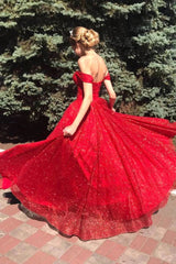 A Line Red 2025 Prom Dresses Off the Shoulder Shiny Sequin Evening Dress Long MyChicDress