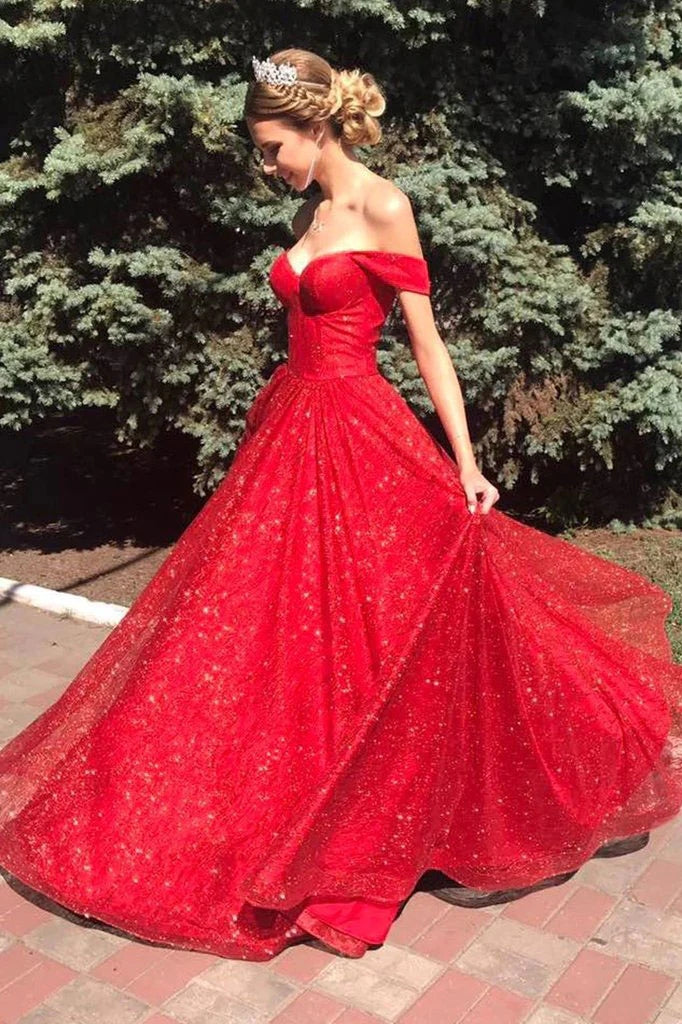 A Line Red 2025 Prom Dresses Off the Shoulder Shiny Sequin Evening Dress Long MyChicDress