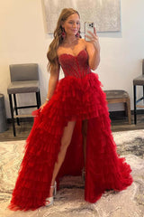 A-Line Red High Low 2025 Prom Dresses Tulle Sweetheart Beaded Tiered Formal Dress MyChicDress