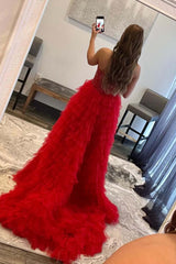 A-Line Red High Low 2025 Prom Dresses Tulle Sweetheart Beaded Tiered Formal Dress MyChicDress