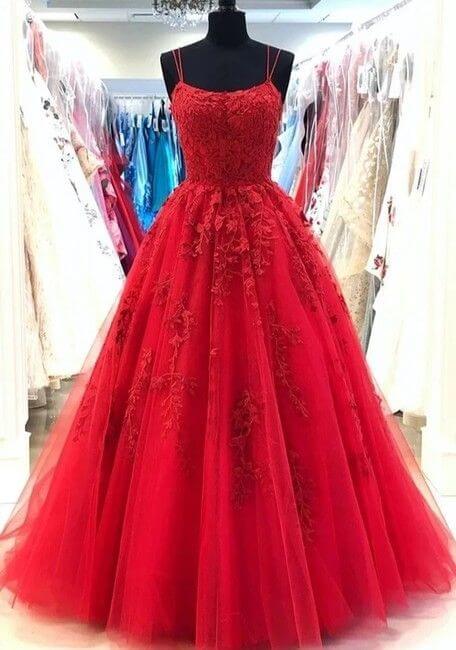 A Line Red Lace Graduation Dresses Applique Square Prom Dress 2024 MyChicDress