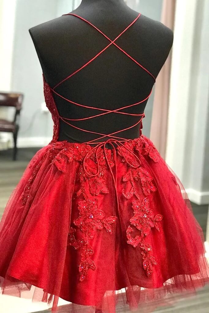 A Line Red Lace Homecoming Dresses Short V Neck Beaded Damas Dress MyChicDress