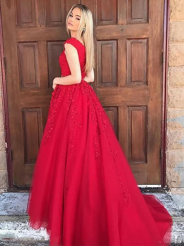 A Line Red Lace Prom Dresses Sleeveless V Neck Formal Dresses - MyChicDress