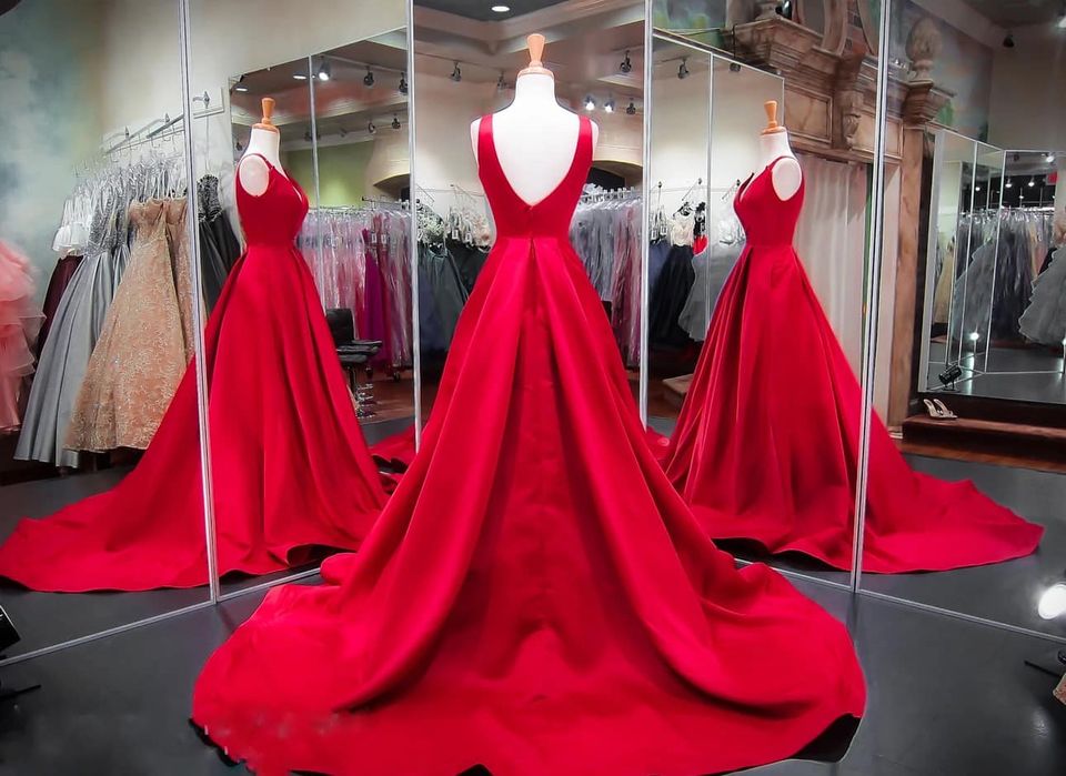 A Line Red Prom Dresses V Neck Satin Long Evening Dress MyChicDress