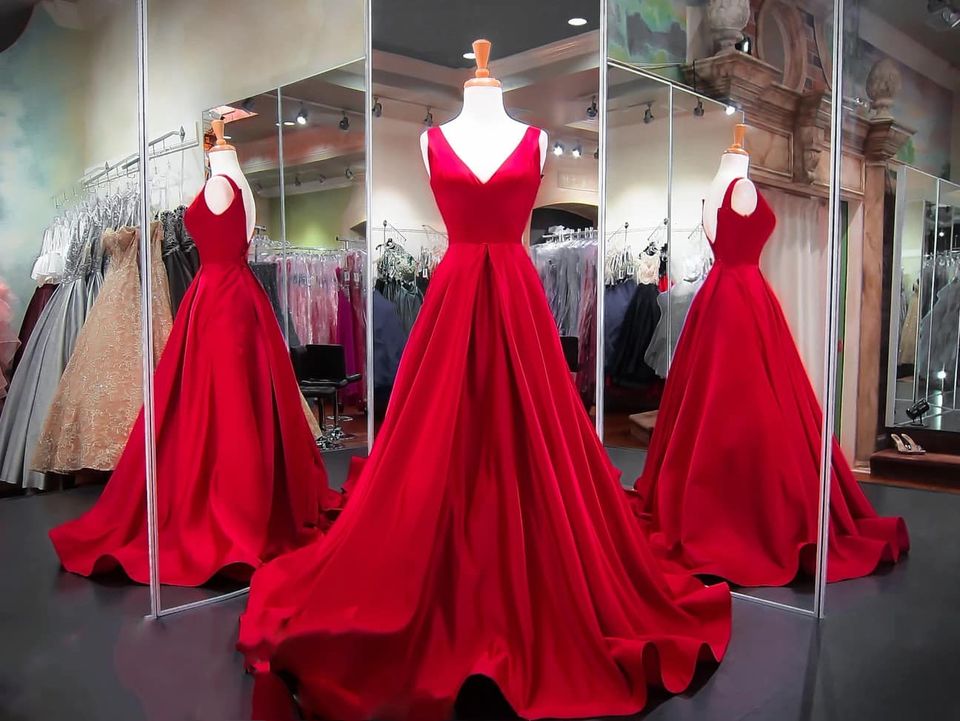 A Line Red Prom Dresses V Neck Satin Long Evening Dress MyChicDress