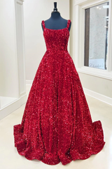 A-Line Red Sequin Quince Dresses Square Neck Backless Long Prom Dresses MyChicDress