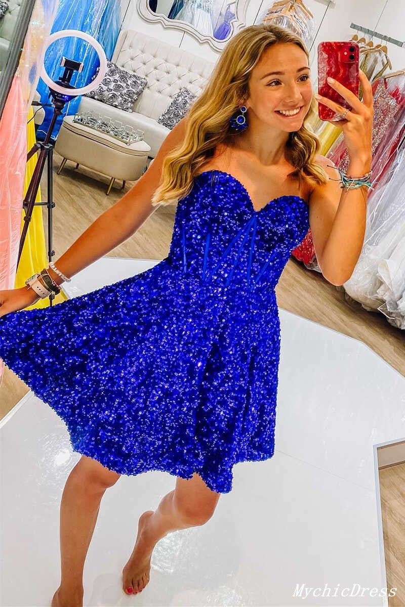 A Line Royal Blue Sequin Homecoming Dresses Sweetheart Hoco Dress MyChicDress