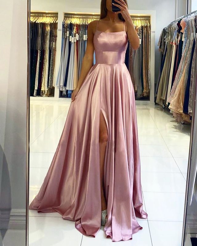 A Line Satin Blush Pink Prom Dresses Cross Back Split Side MyChicDress