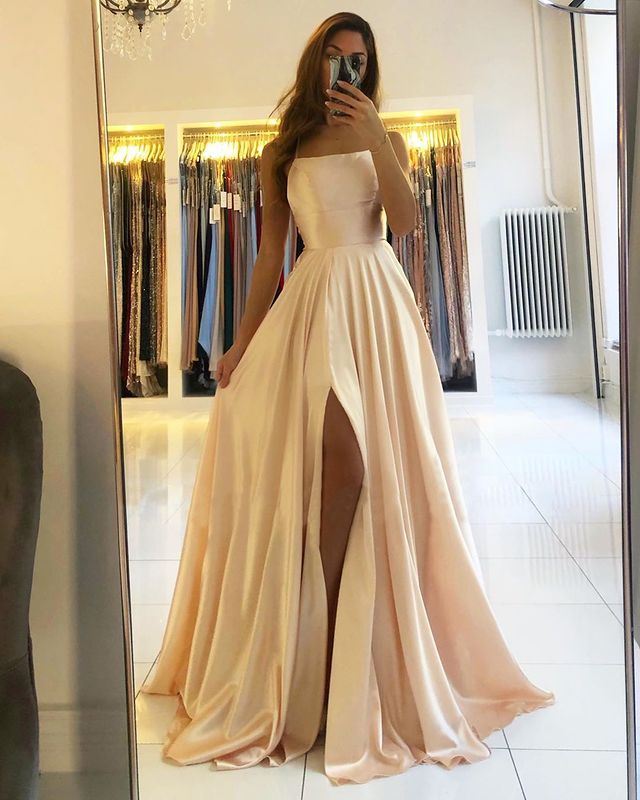 A Line Satin Blush Pink Prom Dresses Cross Back Split Side MyChicDress