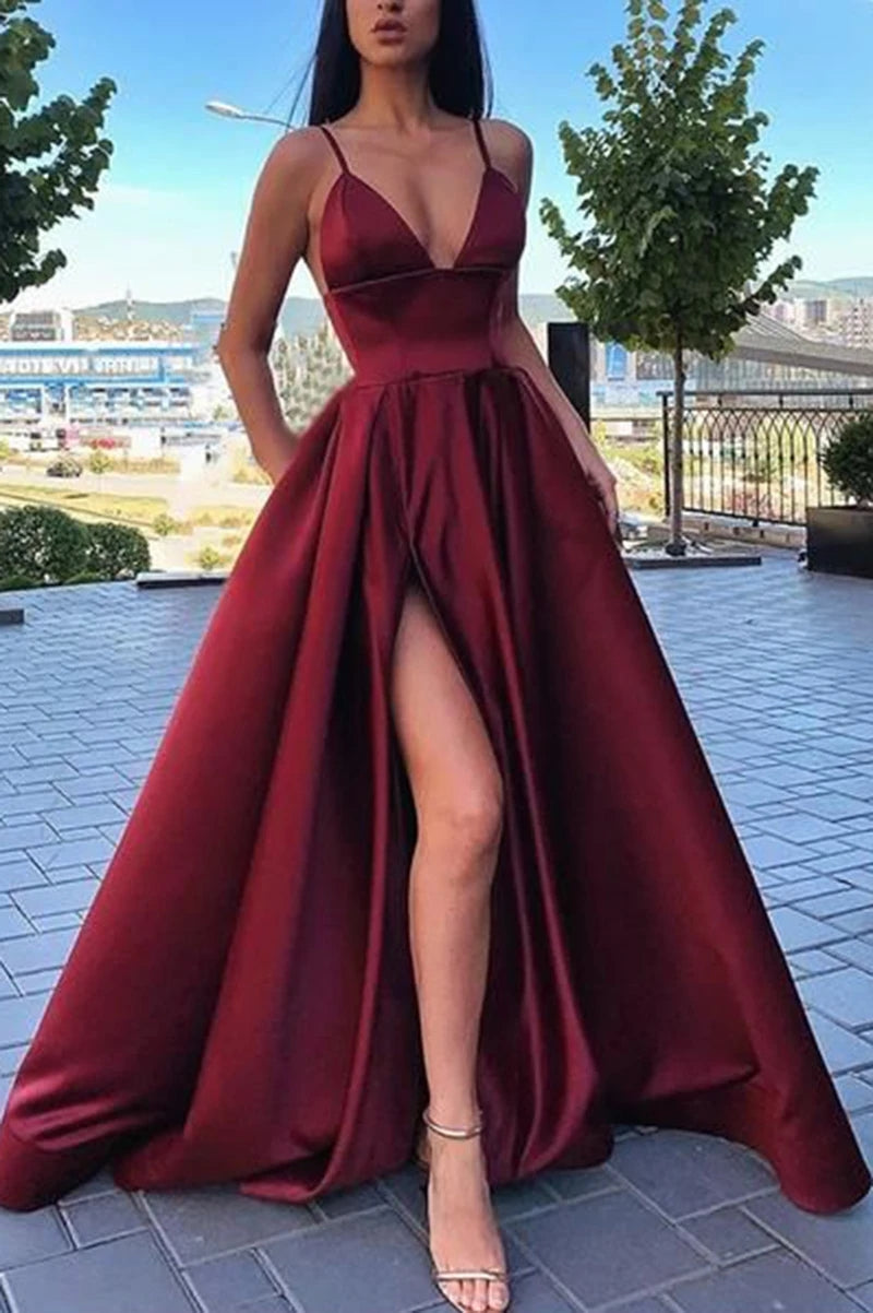 A Line Satin V Neck Burgundy 2025 Prom Dresses Spaghetti Straps MyChicDress