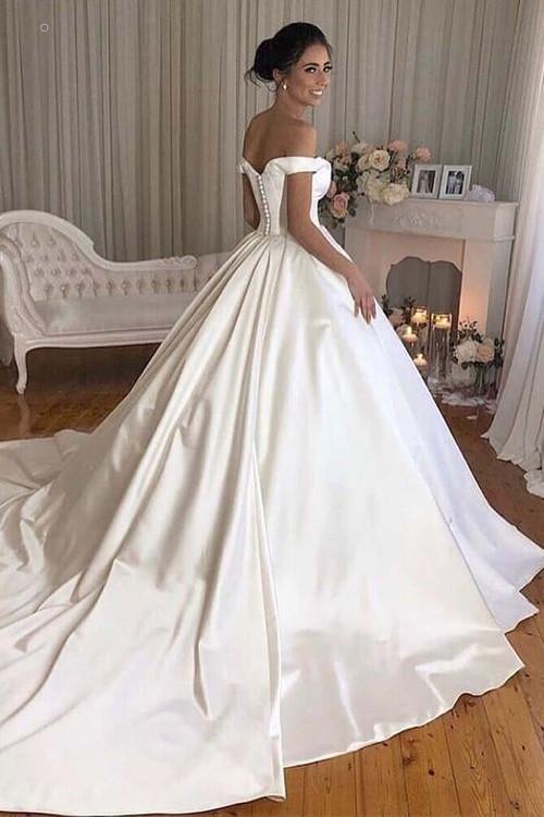 A Line Satin Wedding Dresses Off the Shoulder Bridal Gown with Train MyChicDress