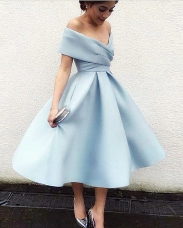 A Line Satin Wedding Guest Dresses Tea Length V-neck Off The Shoulder Prom Dress MyChicDress