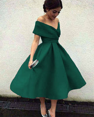 A Line Satin Wedding Guest Dresses Tea Length V-neck Off The Shoulder Prom Dress MyChicDress