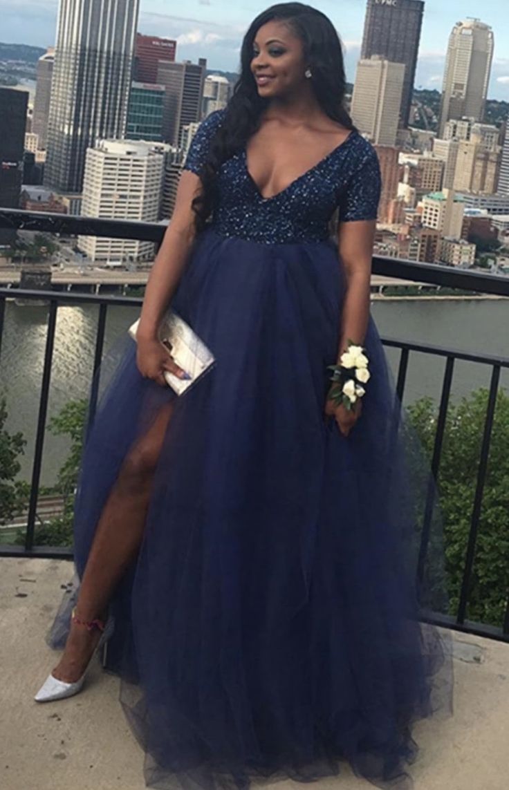 MyChicDress A Line Sequin Tulle Plus Size Prom Dresses Royal Blue High Waist Formal Dress US4 Royal Blue