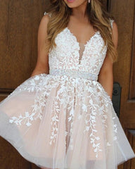 A Line Short Lace Prom Dresses with Beading Belt MyChicDress