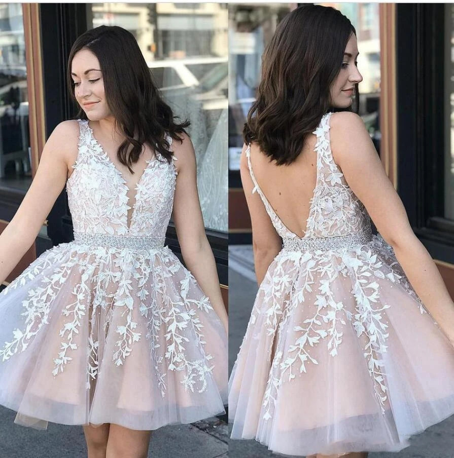 A Line Short Lace Prom Dresses with Beading Belt MyChicDress