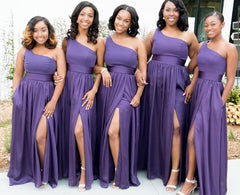 A-Line Simple One Shoulder Purple Bridesmaid Dresses with pockets - MyChicDress