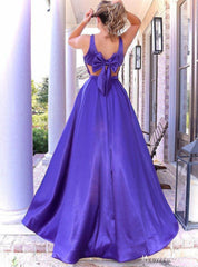 A Line Sleeveless Satin Prom Dresses Strap Long Eveing Dresses with Back Bow MyChicDress