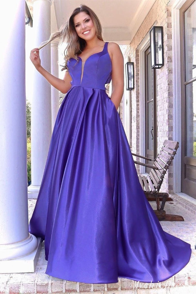 A Line Sleeveless Satin Prom Dresses Strap Long Eveing Dresses with Back Bow MyChicDress