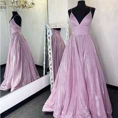 A Line Spaghetti Strap Pink Glitter Metallic Prom Dresses With Pockets MyChicDress