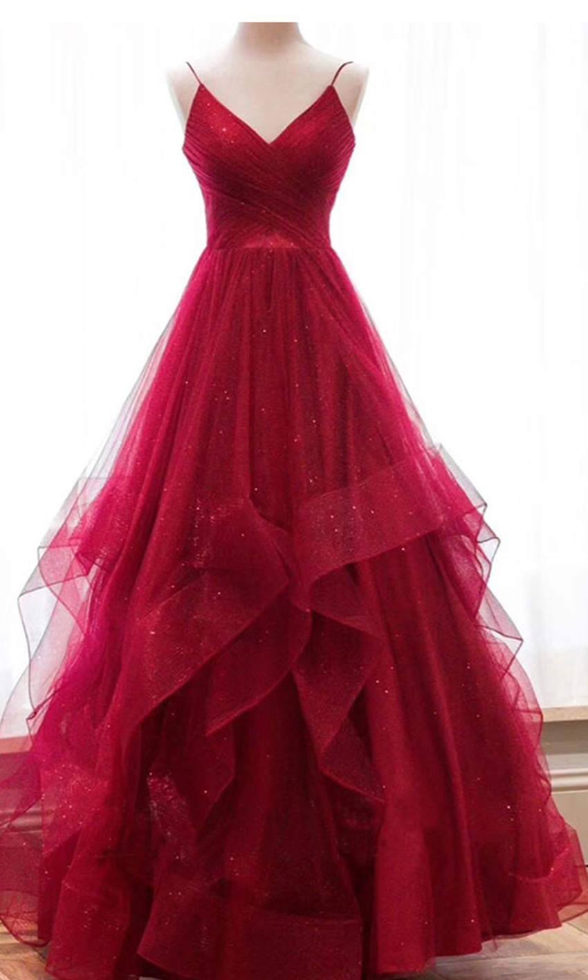 A Line Spaghetti Straps Sparkly 2025 Red Tulle Prom Dresses MyChicDress