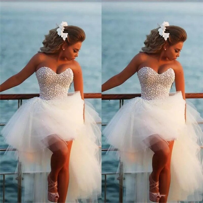 A Line Sweetheart Short Beach Pearl Hi-Lo Tulle White Wedding Dresses MyChicDress