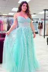 A-Line Tulle Floral Plus Size Lace Prom Dresses Applique Off-the-Shoulder MyChicDress