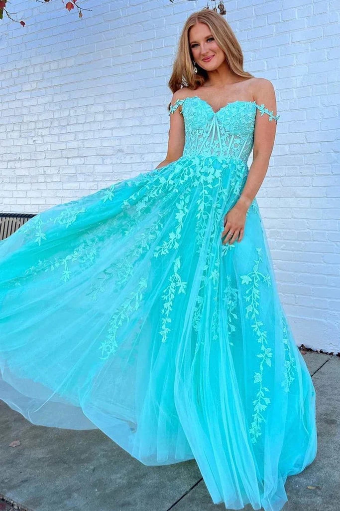 A-Line Tulle Floral Plus Size Lace Prom Dresses Applique Off-the-Shoulder MyChicDress