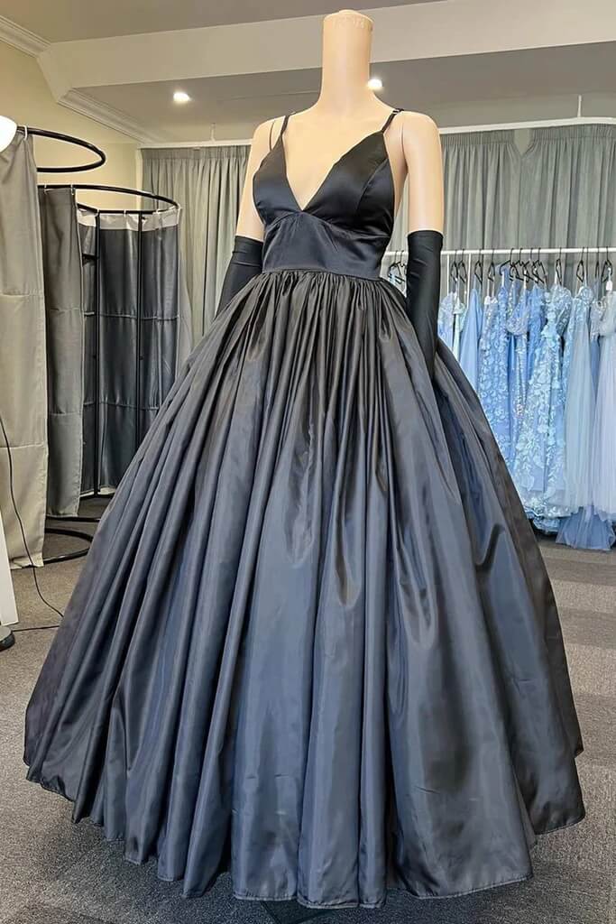 A Line V Neck Black Prom Dresses with Pocket Long Satin Formal Graduation Dress MyChicDress