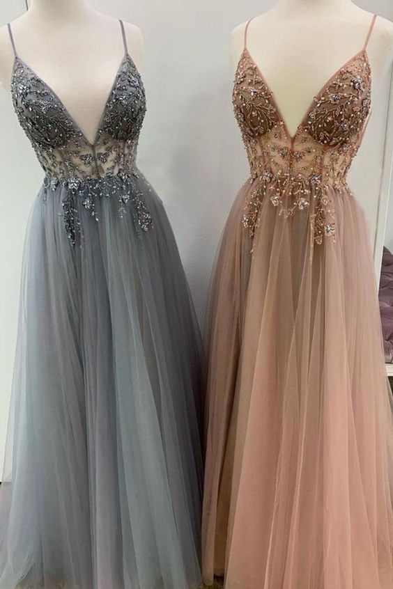 A Line V Neck Champagne Prom Dresses Beading Spaghetti Straps MyChicDress