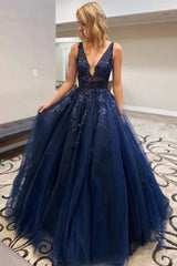 A-Line V Neck Navy Blue Lace Prom Dresses Appliques Evening Dress Long MyChicDress