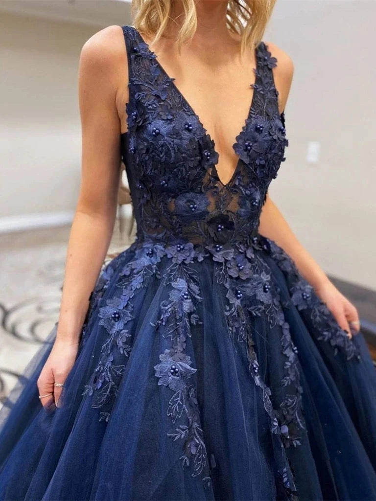 Navy blue v neck prom dress best sale