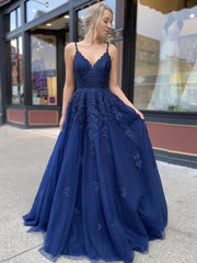 A Line V Neck Navy Blue Prom Dresses 2025 Lace Cheap Formal Dresses MyChicDress