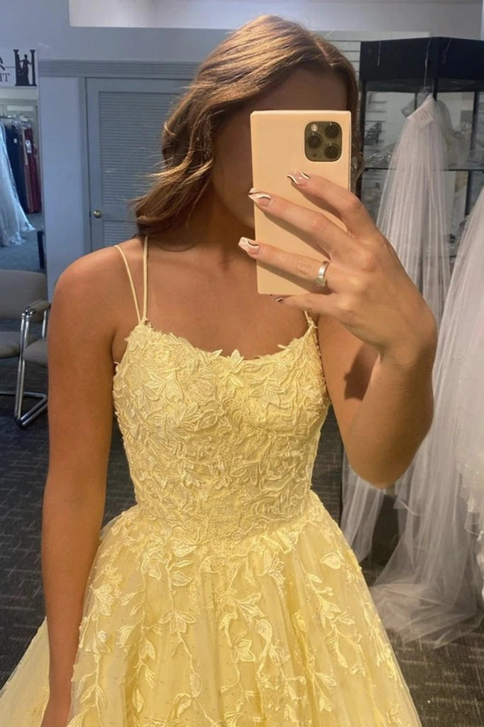 A Line Yellow Lace Prom Dresses 2025 Sleeveless Formal Evening Dresses MyChicDress