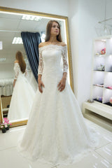 A-line Lace 3/4 Sleeves Wedding Dresses Off the Shoulder Bridal Gown MyChicDress