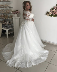 A line Lace Long Sleeves Plus Size Wedding Dresses Illusion Tulle Bridal Gown MyChicDress