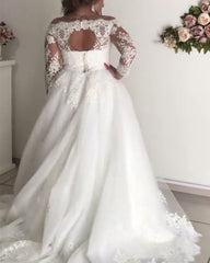 A line Lace Long Sleeves Plus Size Wedding Dresses Illusion Tulle Bridal Gown MyChicDress