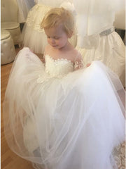 A-line Lace Tulle Flower Girl Dresses Long Sleeves Appliques - MyChicDress