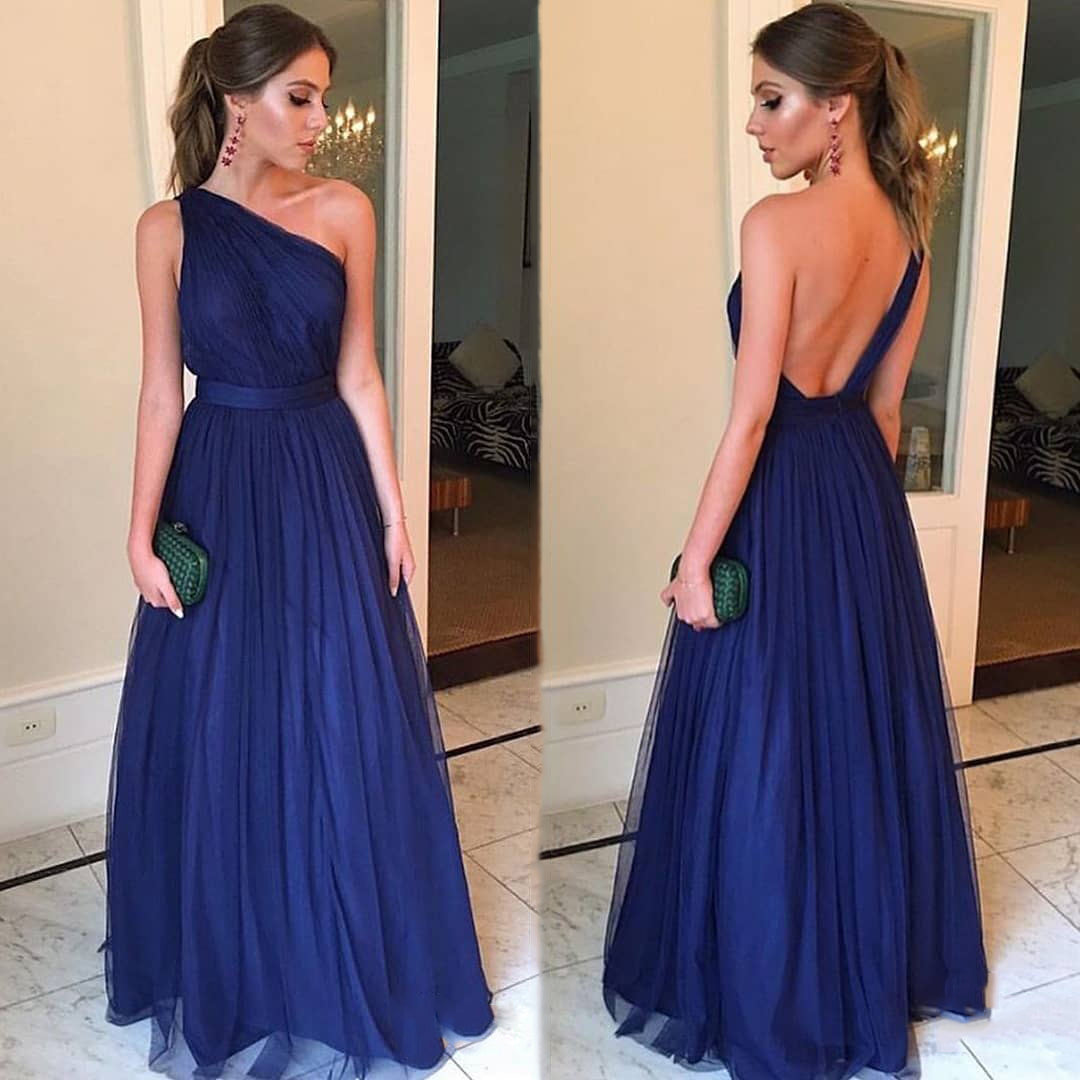 A line Sexy One Shoulder Blue Bridesmaid Dresses Open Back - MyChicDress