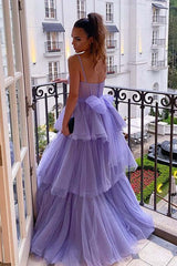 A-line Tulle Tiered Prom Dresses Purple Spaghetti Straps Long Formal Dress MyChicDress