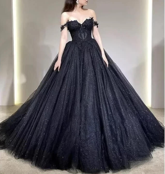 Off-the-shoulder Black Wedding Gown with Beaded Appliques