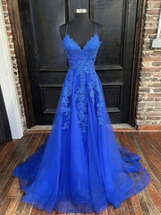 A Line Blue Lace Prom Dresses 2024 Cheap V Neck Formal Dresses