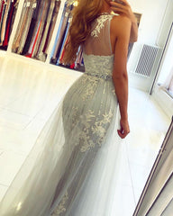 Affordable Lace Silver Prom Dresses One Shoulder Tulle with Beadings - MyChicDress