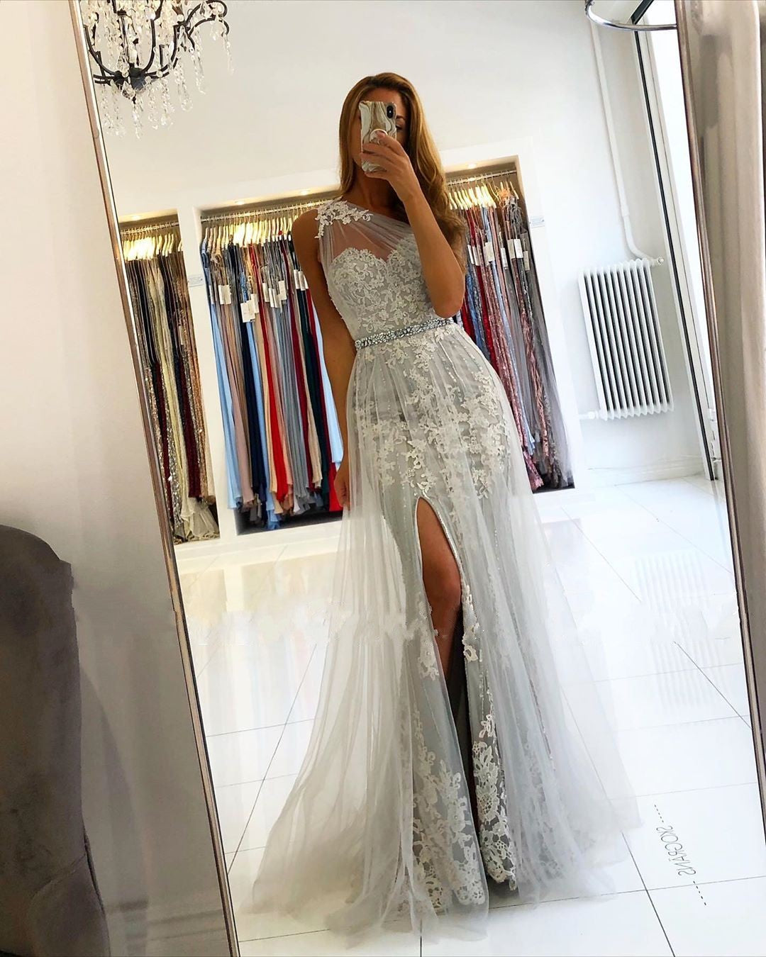 Affordable Lace Silver Prom Dresses One Shoulder Tulle with Beadings - MyChicDress