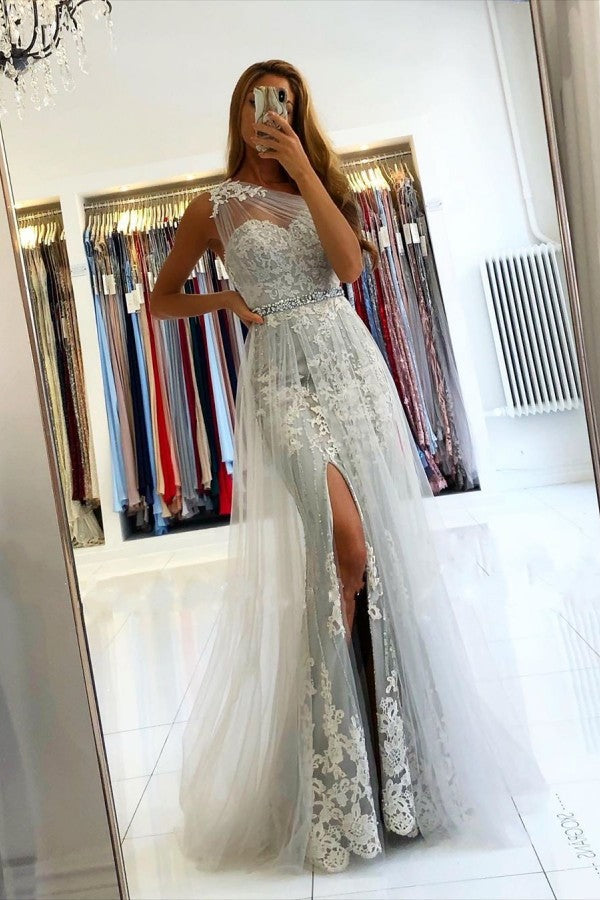 Affordable Lace Silver Prom Dresses One Shoulder Tulle with Beadings - MyChicDress