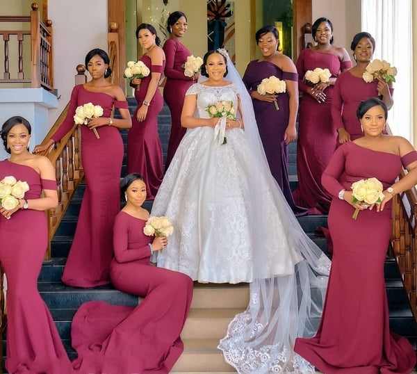 African Burgundy Bridesmaid Dresses One Shoulder Long Mermaid Wedding Party Dress MyChicDress