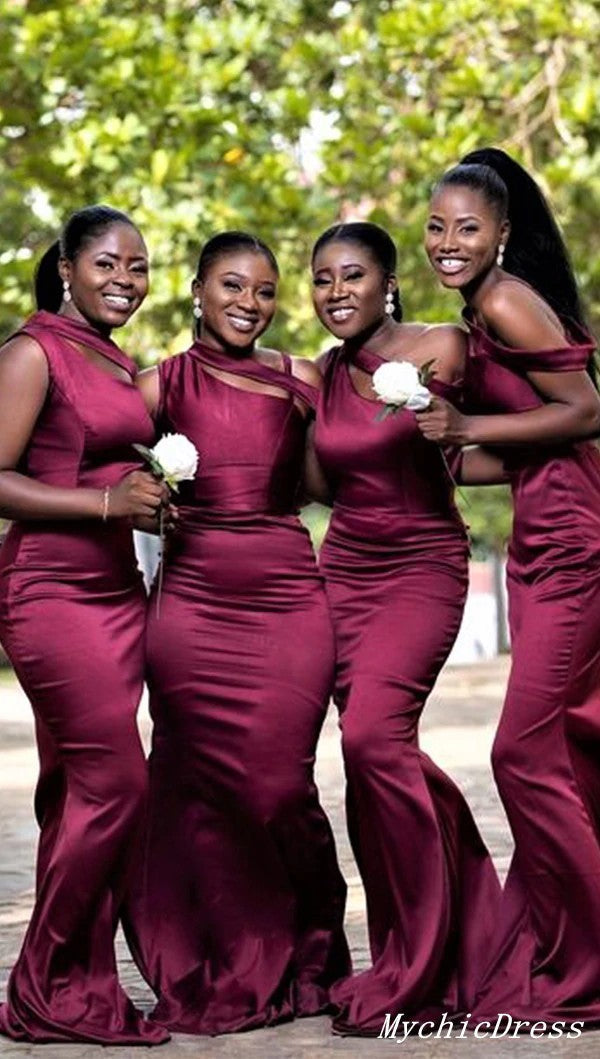 African Burgundy Bridesmaid Dresses One Shoulder Mermaid Long Party Dress MyChicDress