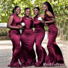 African Burgundy Bridesmaid Dresses One Shoulder Mermaid Long Party Dress MyChicDress